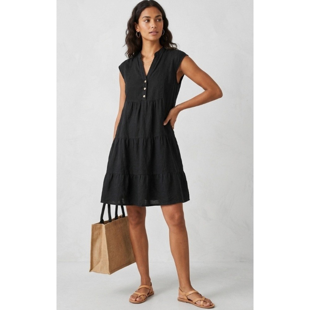 Bellambra Italy Black 100% Linen Sleeveless Tiered Tunic Dress Womens Large L